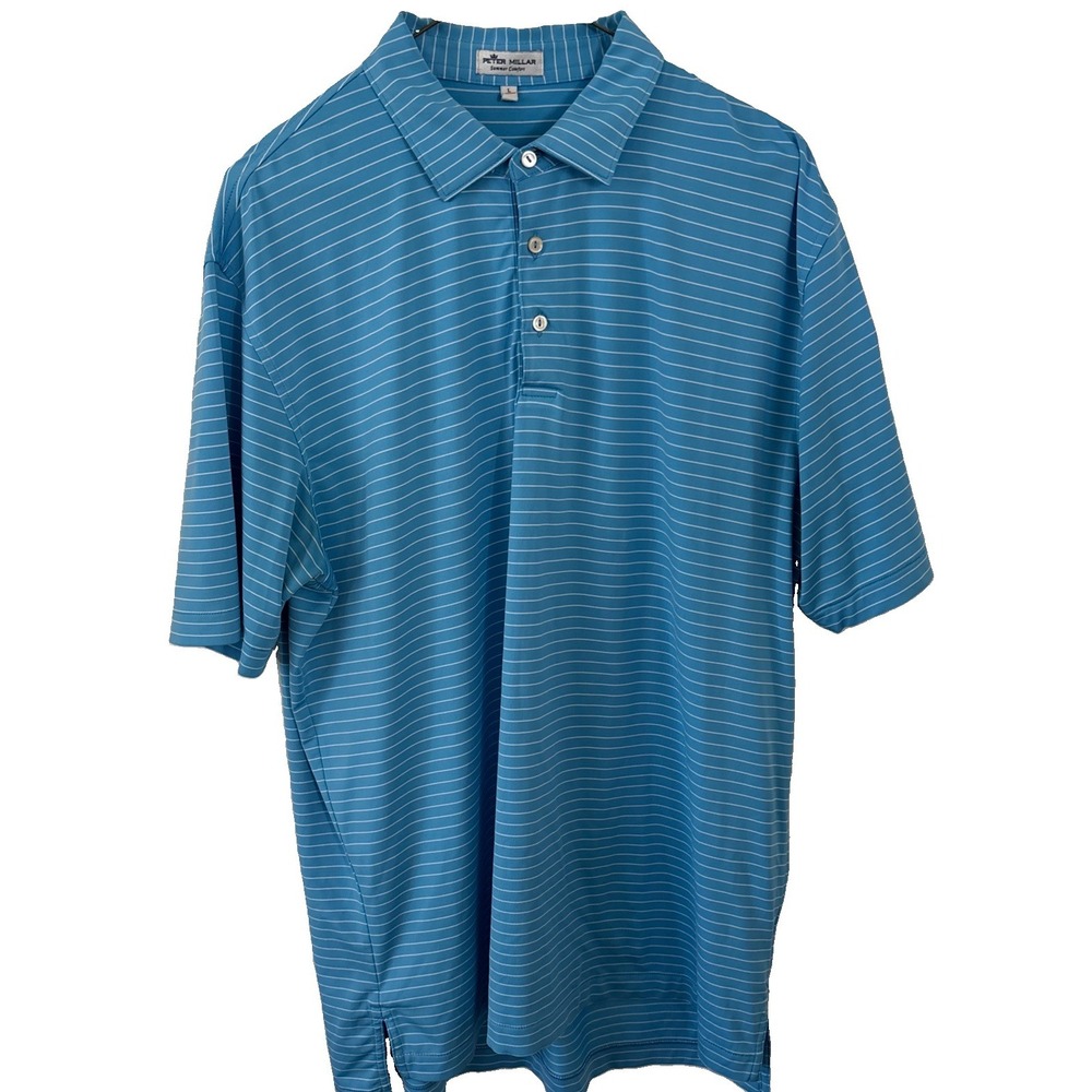 Peter Millar Summer Comfort Blue Crafty stripe "golf" Polo Shirt Performance L